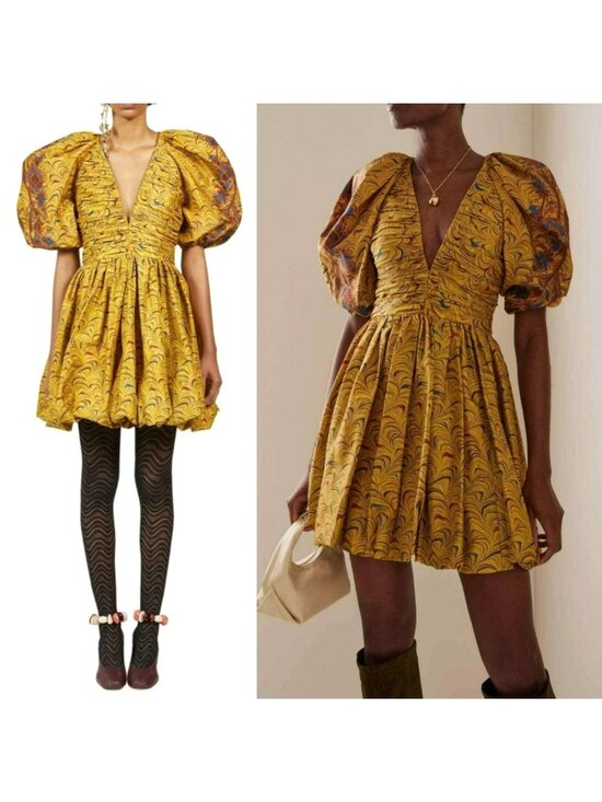 Ulla Johnson Dresses & Skirts - Ulla Johnson $795 Gwen Tiger's Eye Puff Sleeve Pleated Mini Dress Gold Funky